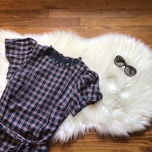 LOFT Flutter Sleeve Plaid Dress in Navy